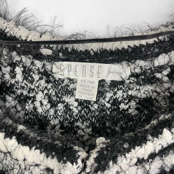 Spense | Black & White Stripe Fuzzy Eyelash Knit Sleeveless Cardigan SweaterVest - Picture 6 of 7